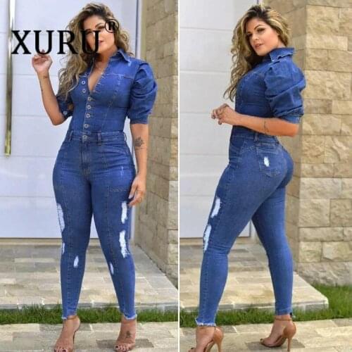 XURU Stacked Sleeve Puff Sleeve Denim Jumpsuit Sexy Denim Ripped Jumpsuit European and American New Womens Jumpsuit
