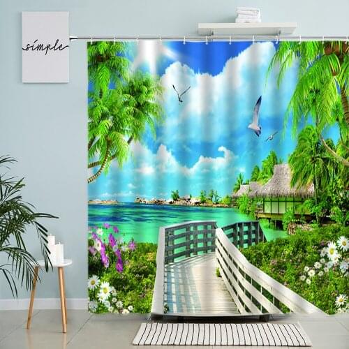 Ocean Scenery Shower Curtain Beach Pier Window Scenery Green Plants Palm Trees Flowers Natural Scenery Bathroom With Hook Screen