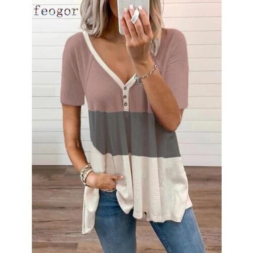 FEOGOR 2021 summer new color matching placket buttoned solid color short-sleeved T-shirt Loose T-shirt T-shirt women