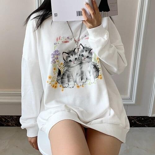 Women Autumn Oversize Sweatshirt New Chic Cat Printing Long Sleeve Round Neck Loose Outwear Coat Casual White Shirt