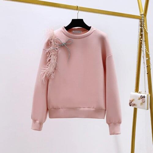 2021 Winter Runway Women Long Sleeve Hoodies Feather Bow Loose Women Sweatshirt Truien Dames Vintage Elegant Casual Tops