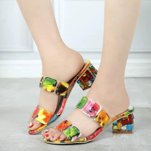 Dwayne Slippers Womens Summer New Strange Style Sandals Rhinestone Candy Colors Matching Elegant High Heels Female 2020
