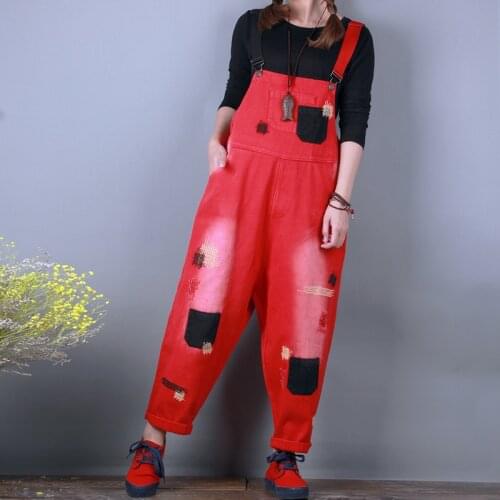 Denim Overalls Women Wide Leg Jumpsuits Baggy Suspenders Cowboy pants hole ripped jean Jumpsuits Black/Red Embroidery Rompers
