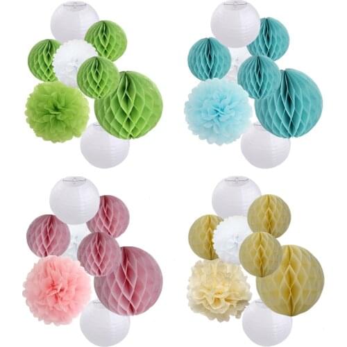 8pcs/set Mixed Size White Round Paper Lanterns Pink/Blue Honeycomb Pom Pom For Baby Shower Birthday Decor Hanging Paper Crafts