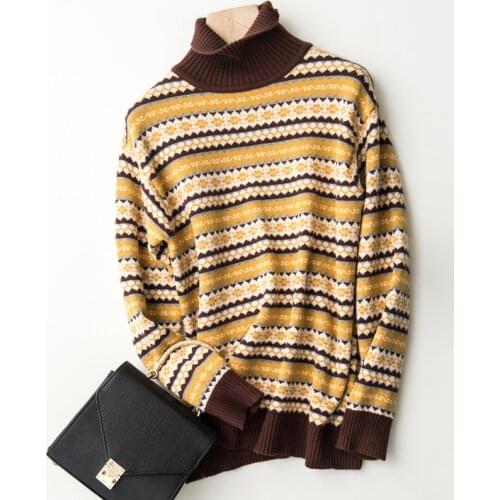 Ethnic Style Cashmere Wool Flower Knit Pullovers Women Turtleneck Sweater Loose Elegant Thicked Print Winter Casual Sweater