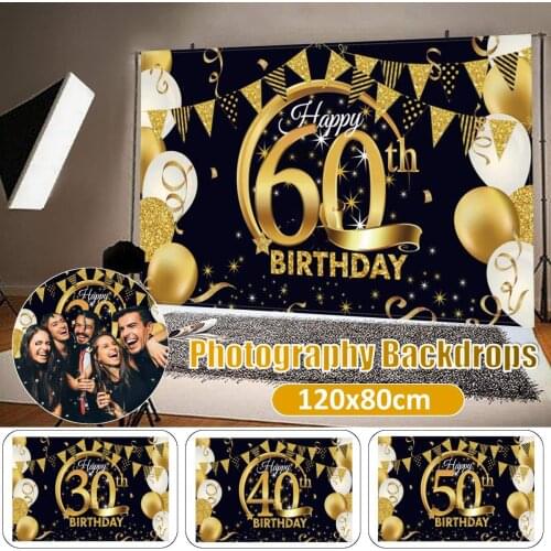 120x80cm Gold Black Photo Backdrop Headboard Sofa Happy Birthday Party Poster Portrait Photo Background For Photo Studio 30-60th