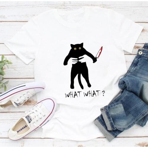 Colored What What Murderer Black Cat T-shirt Aesthetic Bloody Knife Cat Halloween Tee Shirt Top Funny Cat Mom Gift Tshirt