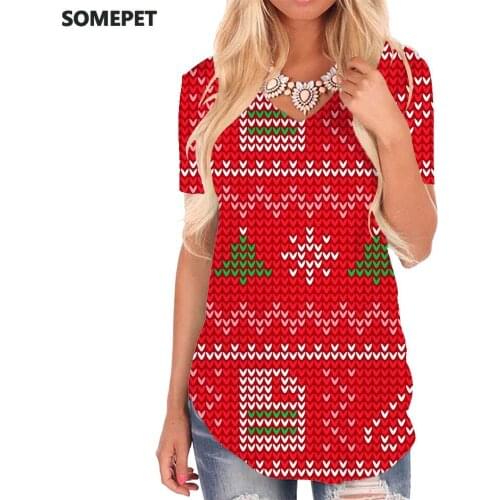 SOMEPET Christmas T Shirt Women Trees V-neck Tshirt Painting Tshirts Printed Womens Clothing Punk Rock Printed Style