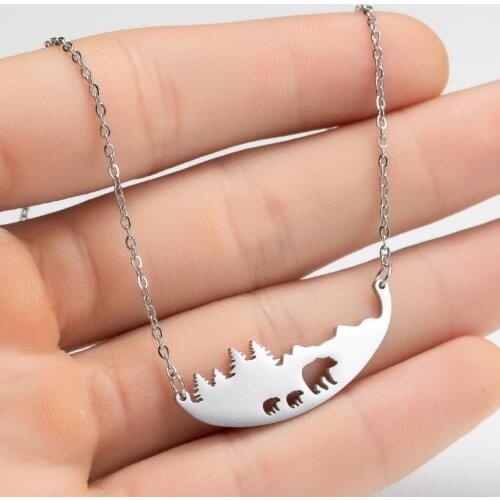 Mother Baby Bear Necklace Stainless Steel Animal Pendant Necklaces for Women Snow Mountain Tree Jewelry Various Necklace