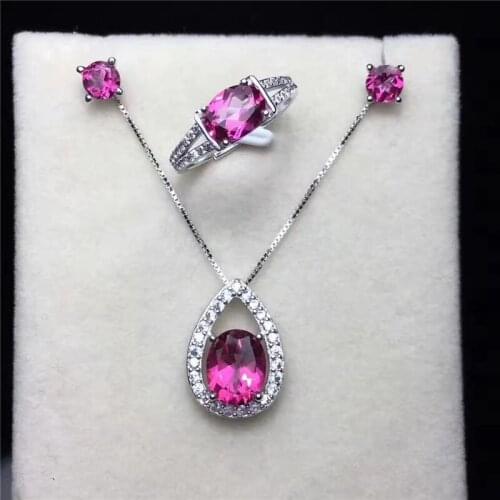 Fine Jewelry Sets For Women Pure 925 Silver Natural Pink Topaz Oval Gemstone Ring Stud Earrings Pendant 3PCS Set CCS004-4