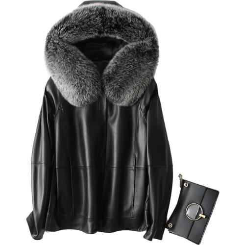 2020, winter women genuine leather jacket, fox fur, hooded, from sheepskin, coat, womens down jackets, am81785