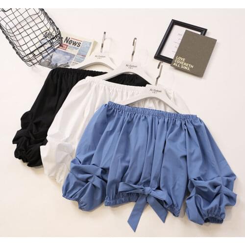 Summer Women Puff Sleeve Slash Neck Basic Chiffon Ruffles Bandage Strap Bow Shirt Lady Short Elastic Pullover Chic Blouse Tops