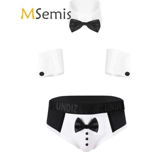 Mens Lingerie Set Role Play Costume Nightwear Collar Cuffs with Color Block Cute Bowknot Bow Tie Tuxedo Briefs Underwear
