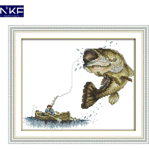 NKF Fishing Cross-stitch Kits Cross-stitching Needlework Handmade Chinese Cross Stitch Kits Embroidery Threads with Cross Sets