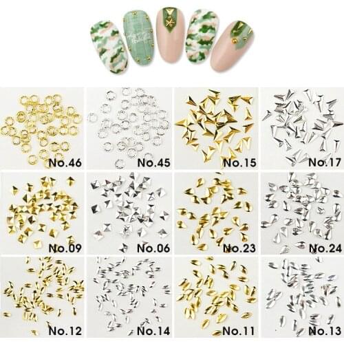 New 100Pcs/lot Punk Rivet Nail Tips Golden Silver Metal Nail Art Tips Fashion Metallic Studs Stickers New Fashion No.1-No.22