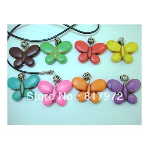 8pc beautiful butterfly colourful stone stone pendant dangle chain necklace hide rope