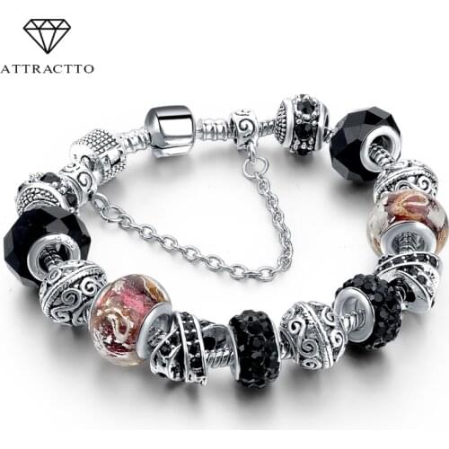 ATTRACTTO Black Promotion Heart Charm Bracelets For Women Crystal Bead Bracelet Jewelry Female Pulseras Mujer Bracelet SBR160014