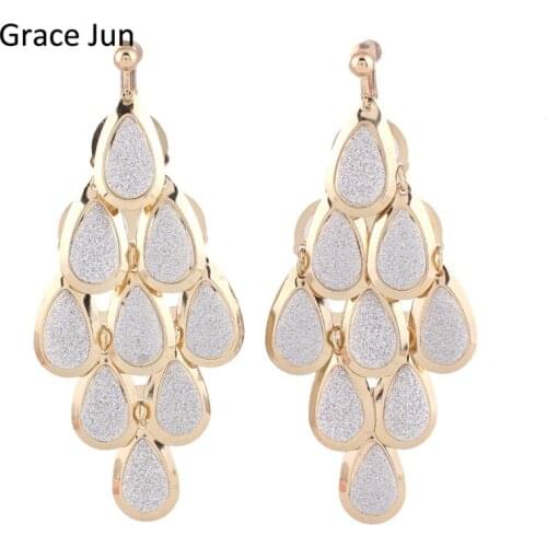 New Arrival Vintage Gold Color Paste Sequins Water Drop Shape Clip on Earrings Non Piercing for Women Party Elegant Earrings