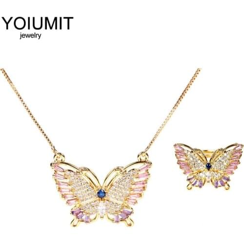 Yoiumit 2021 New Color Butterfly Pendant Women Necklace Crystal Clavicle Necklace Ring Set Jewelry Best Gift for Friends