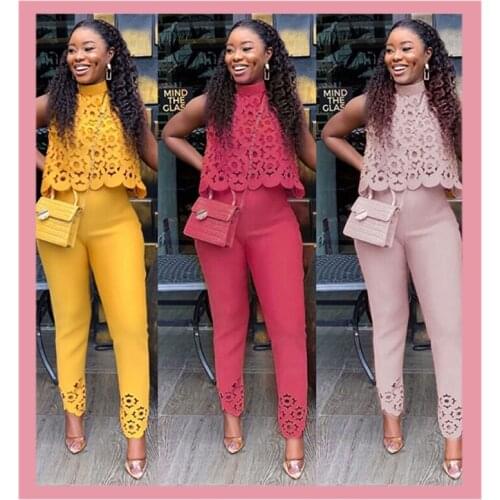 2020 Womens Blouses And Pants Tracksuit Summer Sleeveless Lace Sexy Crop Top Two Piece Sets Hollow Out Fitness Outfits Clothing