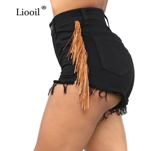 Liooil Black White Short Jeans With Fringe On The Side Women 2021 High Waisted Button Zipper Pockets Streetwear Washed Shorts