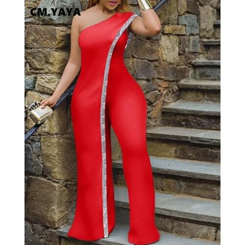 CM.YAYA Bright Bar Patchwork One Shoulder Loose One Piece Jumpsuit Women Fashion Streetwear Full Length Jumpsuits Ladies Outfit