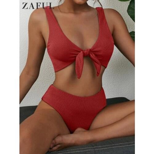 ZAFUL Tie Front Ribbed Women Bikini Set Sexy High Waist 2021 Feme Swimsuit Swim Bathing Suit Beachwear Summer Brazilian Biquini