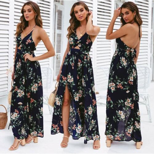 Fashion Women Sleeveless Boho Floral Print Long Maxi Dress Sleeveless Evening Party Summer Beach Sundress Dresses Summer