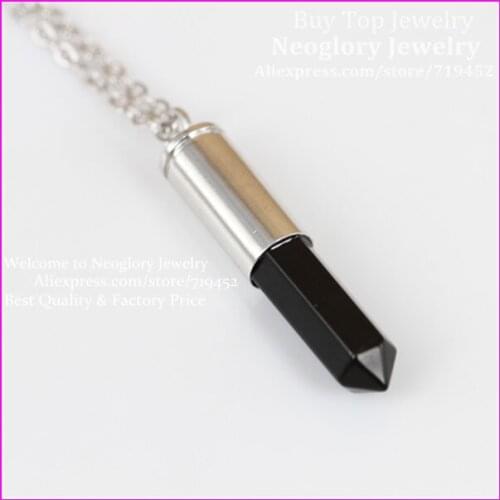 10pcs Nature Black Stone Gems Point Bullet Necklace Real Silver Plated Casing Necklace Drusy Quartz Druzy Pendant Necklace