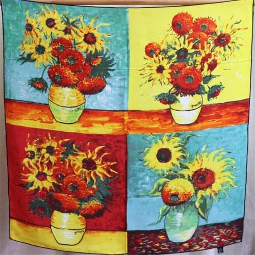 100% Pure Silk Scarf Women Oil Painting Square Scarves Wraps Head Handkerchief Muslim Hijabs Silk Foulards Bandana 90x90CM