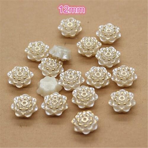 100pcs 12mm Resin Ivory Golden Plated Flower Imtation Pearl Beads(one Hole) Flatback Cabochon DIY Jewelry Craft Scrapbooking