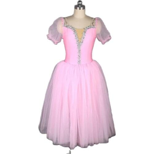 Pink Spandex Bodice with Puff Short Sleeves Romantic Tutu for Lady & Child Practice and Competition Dress Long Ballet Tutu 19024