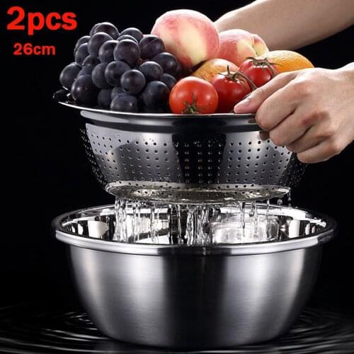 2Pcs 26cm Multifunction bowl Thick 304 Home Kitchen Stainless Steel Sink Drain Basin fruit ramen noodles bowl