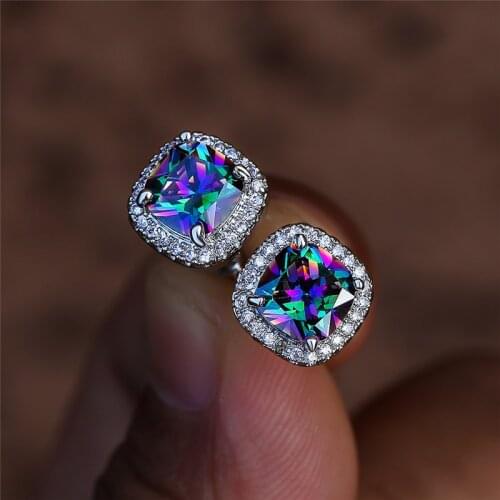 Charm Multicolor Crystal Square Stone Screw Back Earrings Vintage Fashion Rainbow Opal Stud Earrings For Women Wedding Jewelry