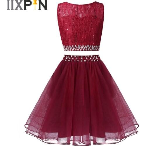 2Pcs Kids Girls Shiny Sequins Outfit Sleeveless Lace Sequins Top with Mesh Tutu Skirts Children Dance Wear Beaded Party Gowns