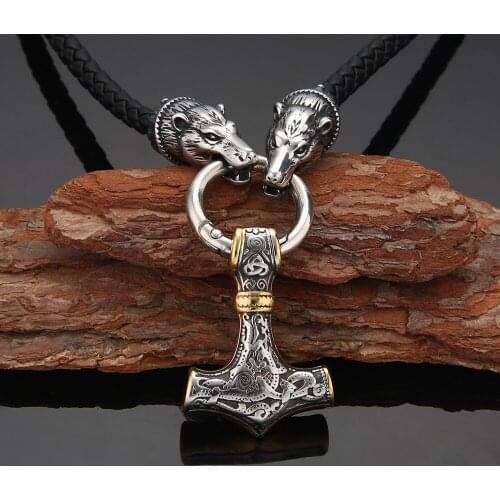 Mens Stainless Steel Norse Viking Wolf&Thor Hammer Mjolni Pendant Necklace Vintage Black Cord Rope Necklace