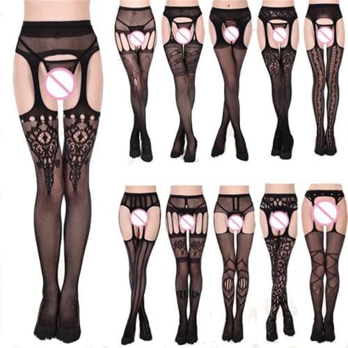 Erotic Women Sexy Stockings Lingerie Open Crotch Stripe Lace Elastic Transparent Black Hollow Out Tights Thigh Sheer Pantyhose