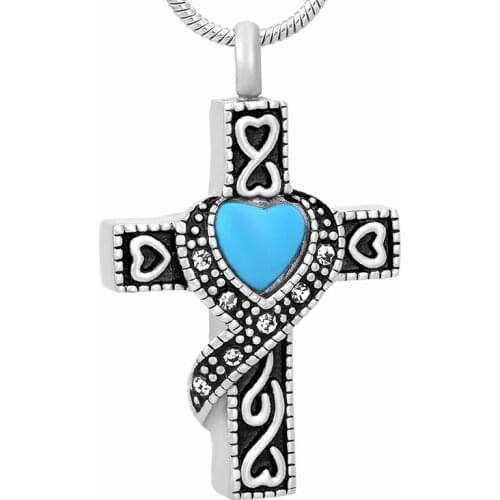 IJD9699 Blue Stone Heart Inaly Cross Pendant Stainless Steel Jesus Beliefs Keepsake Cremation Urn Necklace for Human Ashes