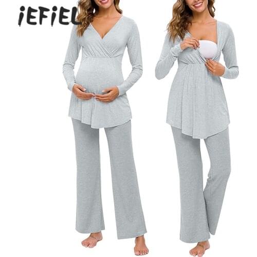 Maternity Pajamas Set Breastfeeding Pregnant Women Nursing Pajama T-shirt Top Pants Sleepwear Pregnancy Nightgown Lounge Clothes