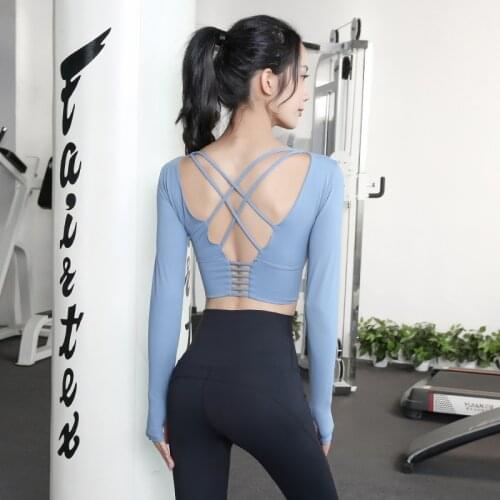 Back Cross Tight Sport Top Gym Yoga Shirts Women Long Sleeve Workout Fitness Crop Top With Chest Pad Running Clothing