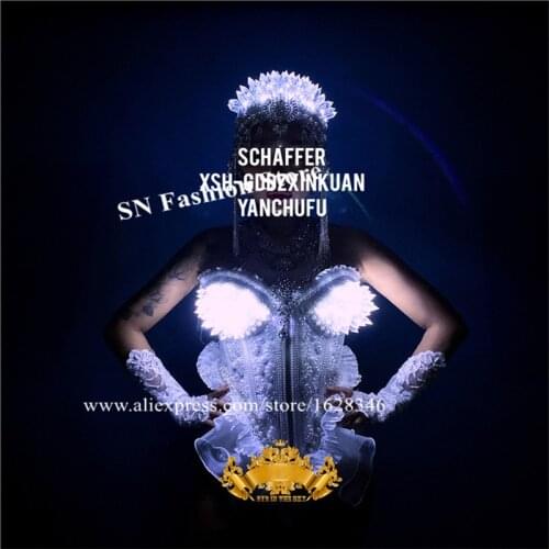 M301 Christmas led costumes luminous glowing bra catwalk show white ds dress dj wears dance outfits clothe cloak head piece club