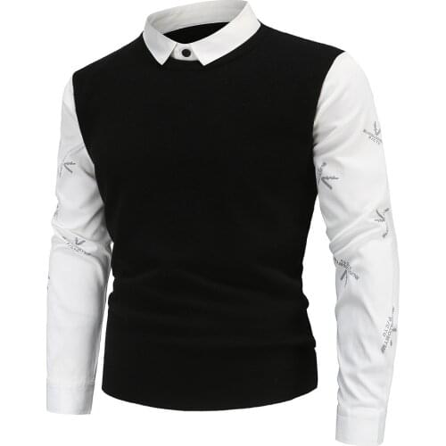 YM607 British Slim Fit Mens 2021 Autumn and Winter Vacation Two Piece Design Pullovers Shirt Collar Printed Sleeve Sweater