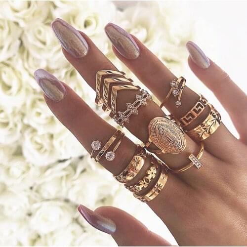 13 Piece Vintage gold Stackable Ring Set for Women Gift | Knuckle Midi Rings Tribal Set Bohemian Hollow Carved Boho Style JA439F