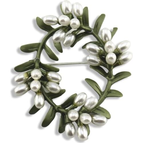 New European and American retro style exaggerated green baking paint inlaid imitation pearl alloy brooch