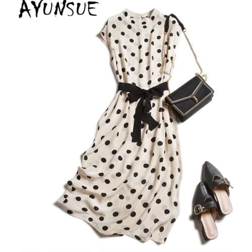 AYUNSUE Summer Silk Dress Women 2021 New Korean Casual Midi Polka Dot Dress Elegant Evening Ladies Dresses Vestido De Mujer