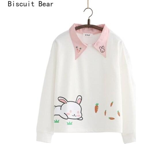 Casual Young Women Hoodie Pink Smmer Cotton Cartoon Embroidery Pullovers Sweatshirt Sweet Style Turndown Collar Korean Girly Top