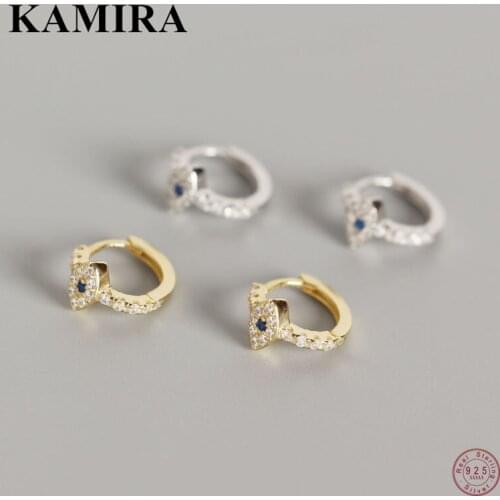 KAMIRA 925 Sterling Silver Cuban Blue Zircon Ear Buckle Devil Eye Circle Hoop Earrings for Women Retro Birthday Bohemian Jewelry