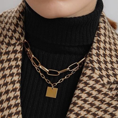 U-Magical Hiphop Double Layers Chunky Chain Square Pendant Necklace for Women Punk Hollow Link Gold Color Metal Necklace Jewelry
