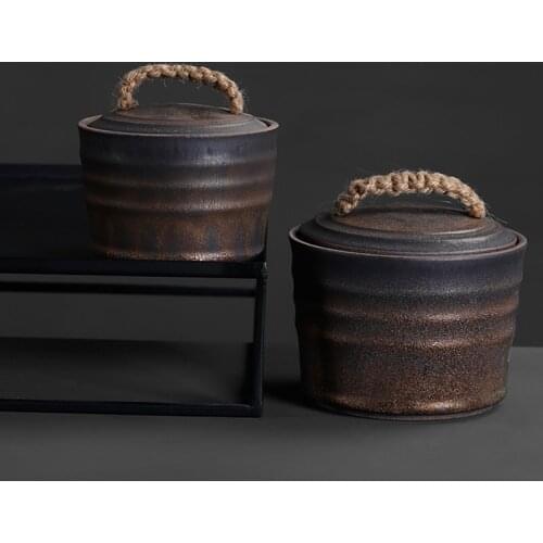Vintage Old Type Tea Storage Jar Ceramic Coarse Pottery Cylinder Seal Box with Lid Coffee Beans Cans Tanks Teaware Accessories