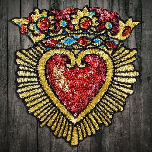 Embroidery sew on red and gold Crown love patch cloth applique clothing decoration mending holes heart applique embroidered